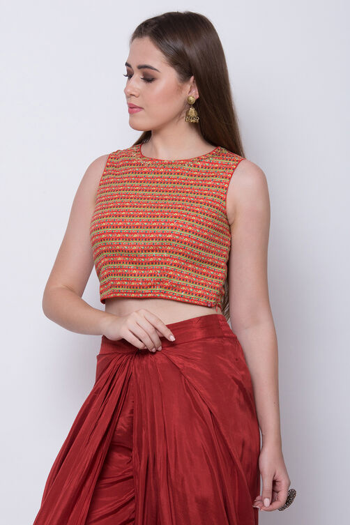 Red Metallic Cotton Crop Printed Top image number 3