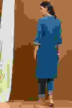 Teal Cotton Floral Printed Straight Suit Set image number 4