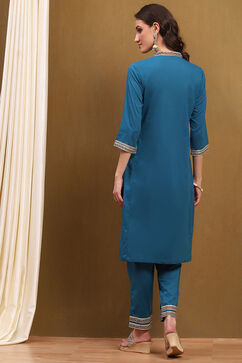 Teal Cotton Floral Printed Straight Suit Set image number 4