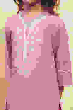 Pink Cotton Embroidered Straight Kurta Set image number 1
