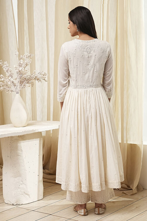 Off-White Cotton Embroidered Gathered Suit Set image number 4