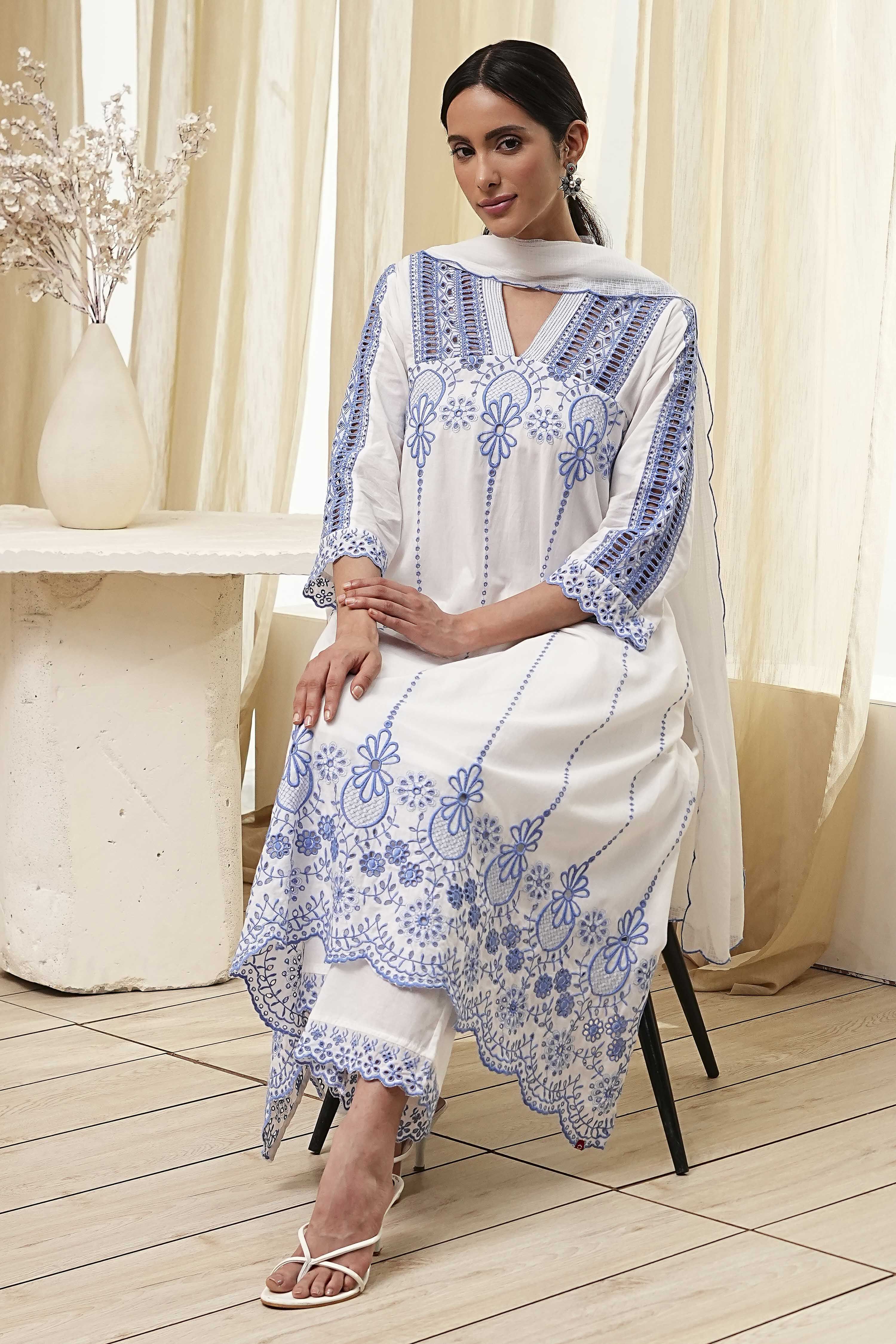 White and Blue Cotton Asymmetric Suit Set image number 6