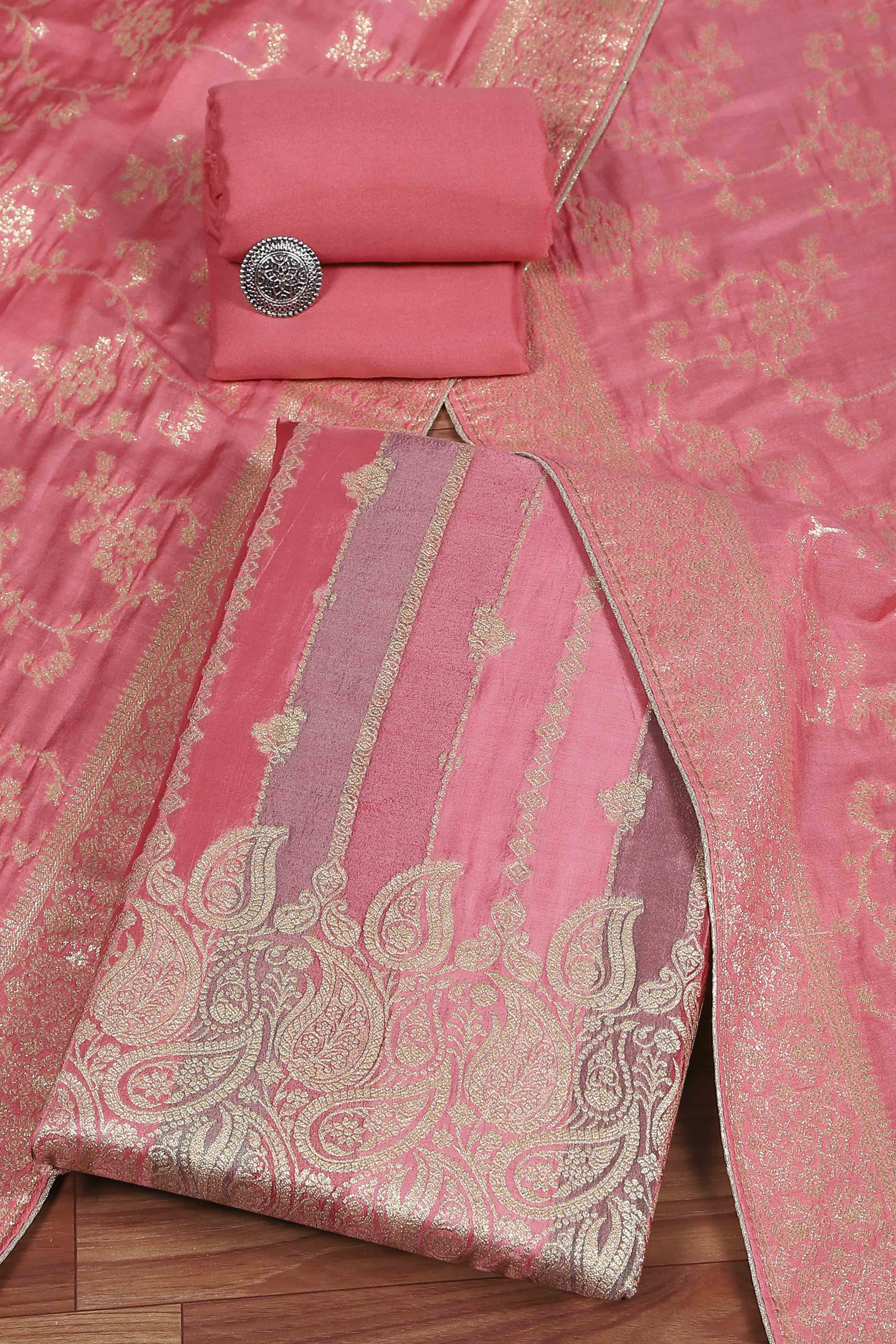 Pink Cotton Printed Embroidered Unstitched Suit Set image number 0