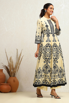 Ecru Cotton Printed Anarkali Kurta Set image number 5