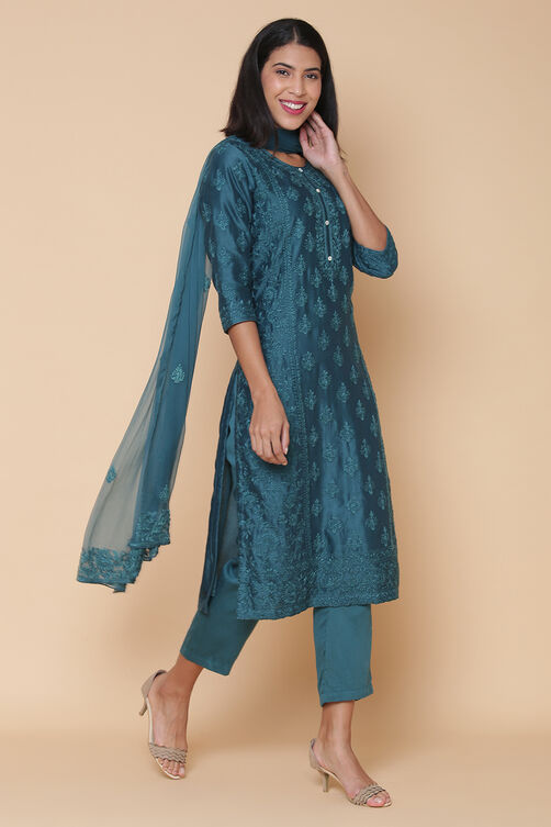 Teal Cotton Silk Straight Kurta Pant Suit Set image number 7
