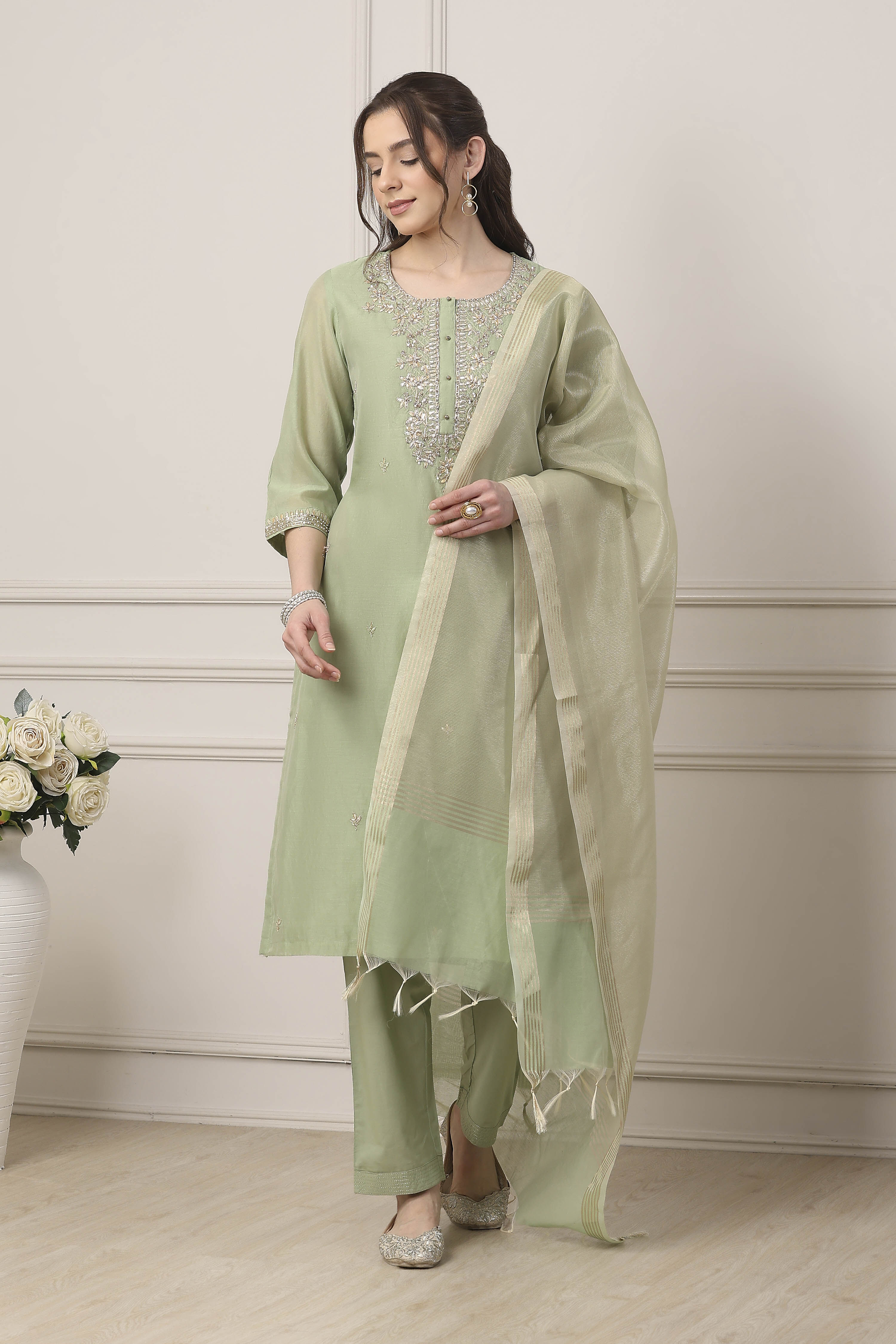Green Poly Chanderi Sequin Embroidered Straight Suit Set image number 6