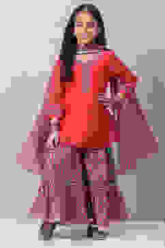 Red & Purple Art Silk Straight Kurta Garara Suit Set image number 0