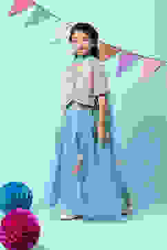 Pink & Blue Cotton Short Top Lehenga Set image number 5