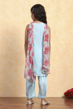 Sky Blue Polyester Straight Solid Suit Set image number 4