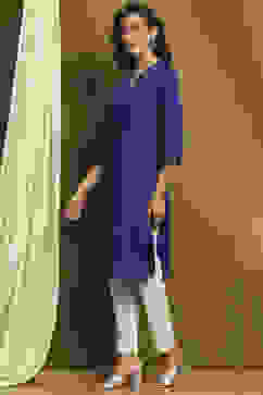 Indigo Cotton Blend Solid Straight Kurta image number 2