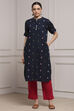 Navy Cotton Yarndyed Straight Kurta image number 5