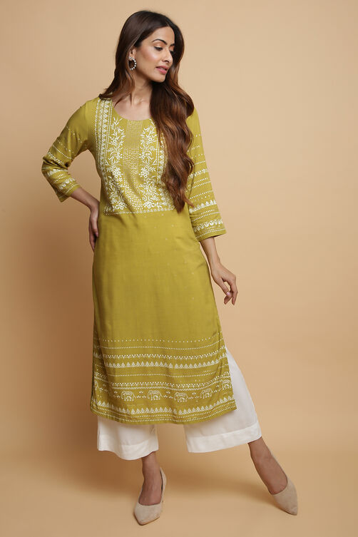 Green Rayon Straight Kurta Pants Set image number 0