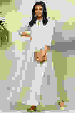 Off White Cotton Flared Printed Dress image number 5