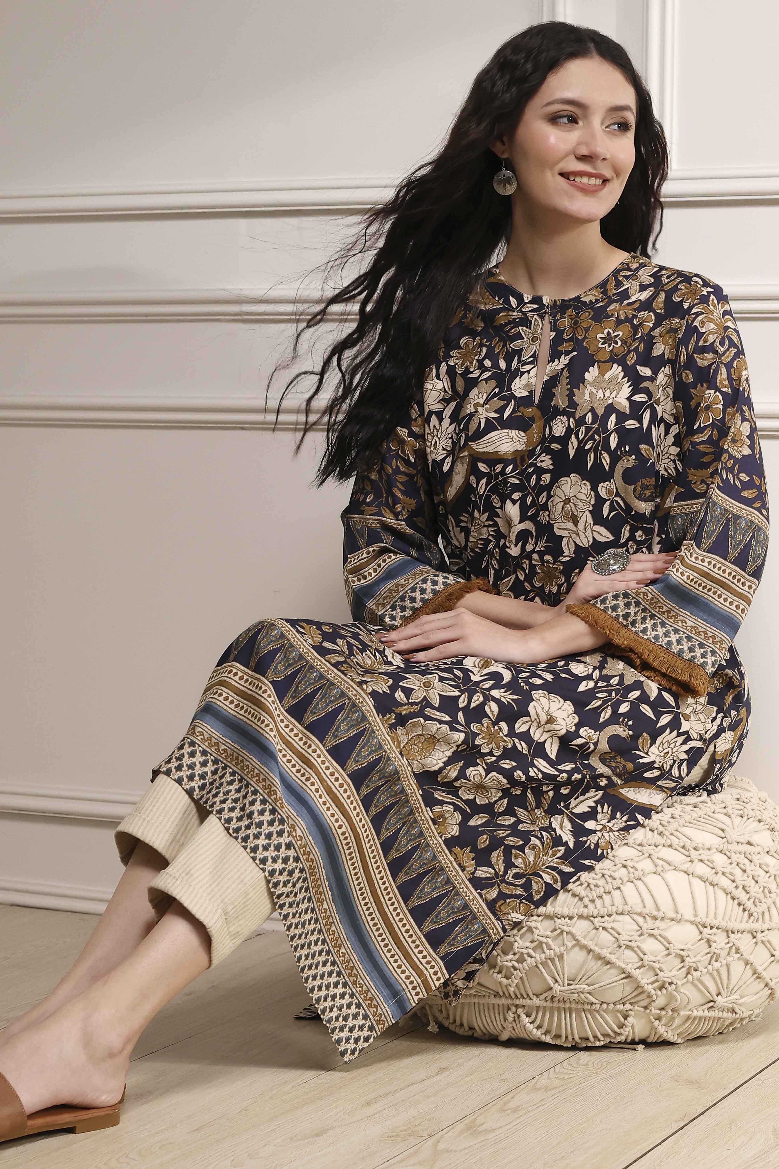 Navy Blue Printed Straight Kurta image number 0