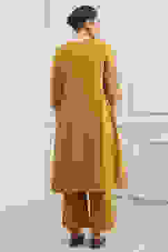 Mustard Yellow Cotton Embroidered Kalidar Suit Set image number 4