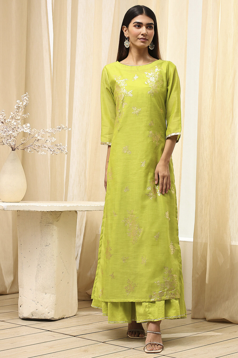 Green Poly Chanderi Layered Tiered Dress image number 6