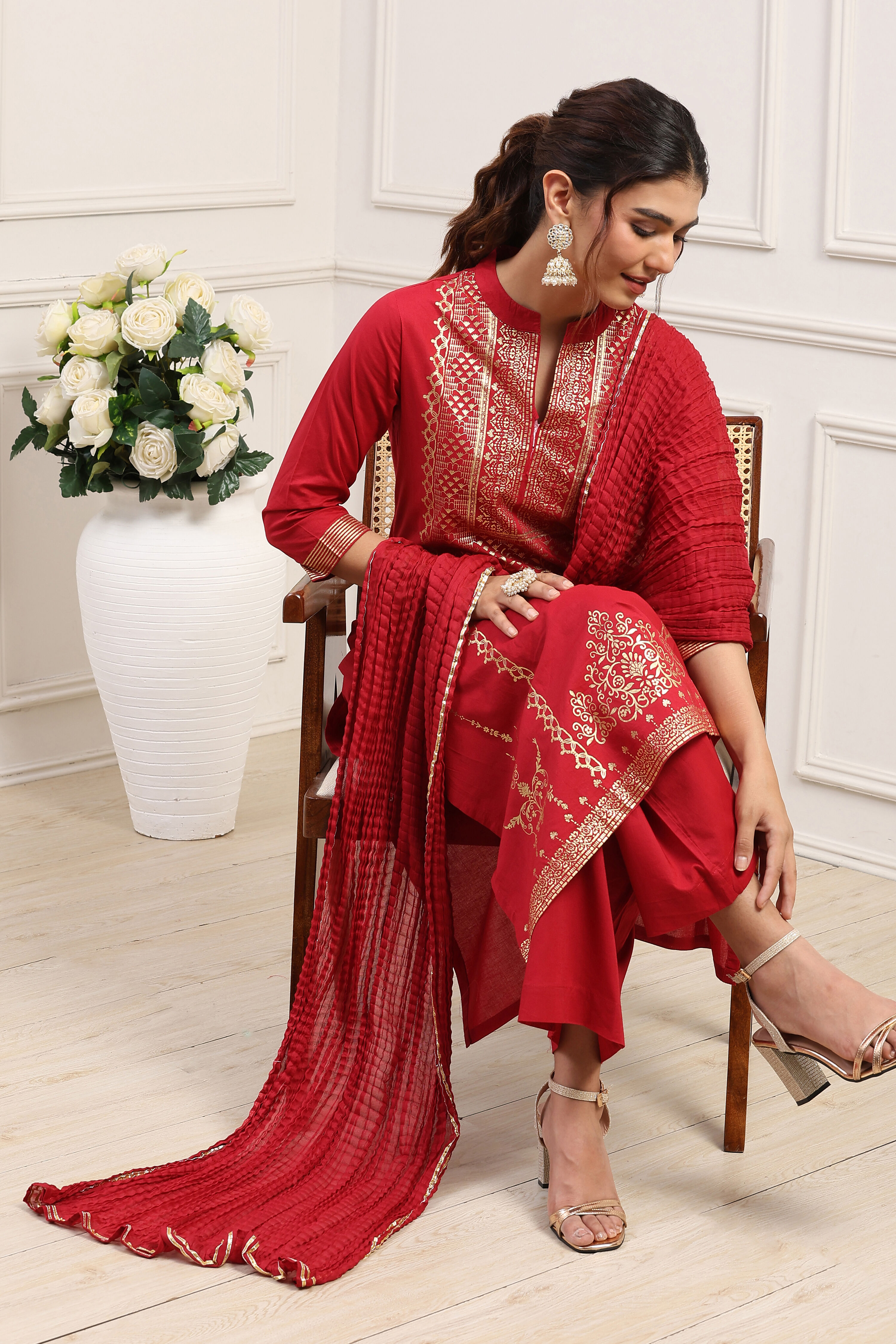 biba Red Cotton Straight Kurta Palazzo Suit SetRed Cotton Straight Kurta Palazzo Suit Set-picture-108