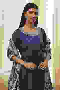 Blue Cotton Foil Printed Anarkali Suit Set image number 1