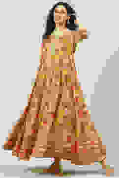 Mustard Poly Cotton Flared Fusion Printed Dress image number 0