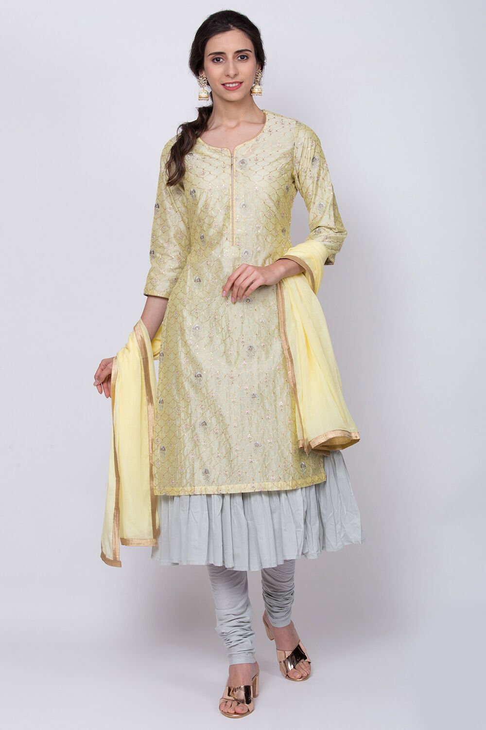 Buy Lemon Yellow Double Layered Kurta Churidar Suit Set Online at