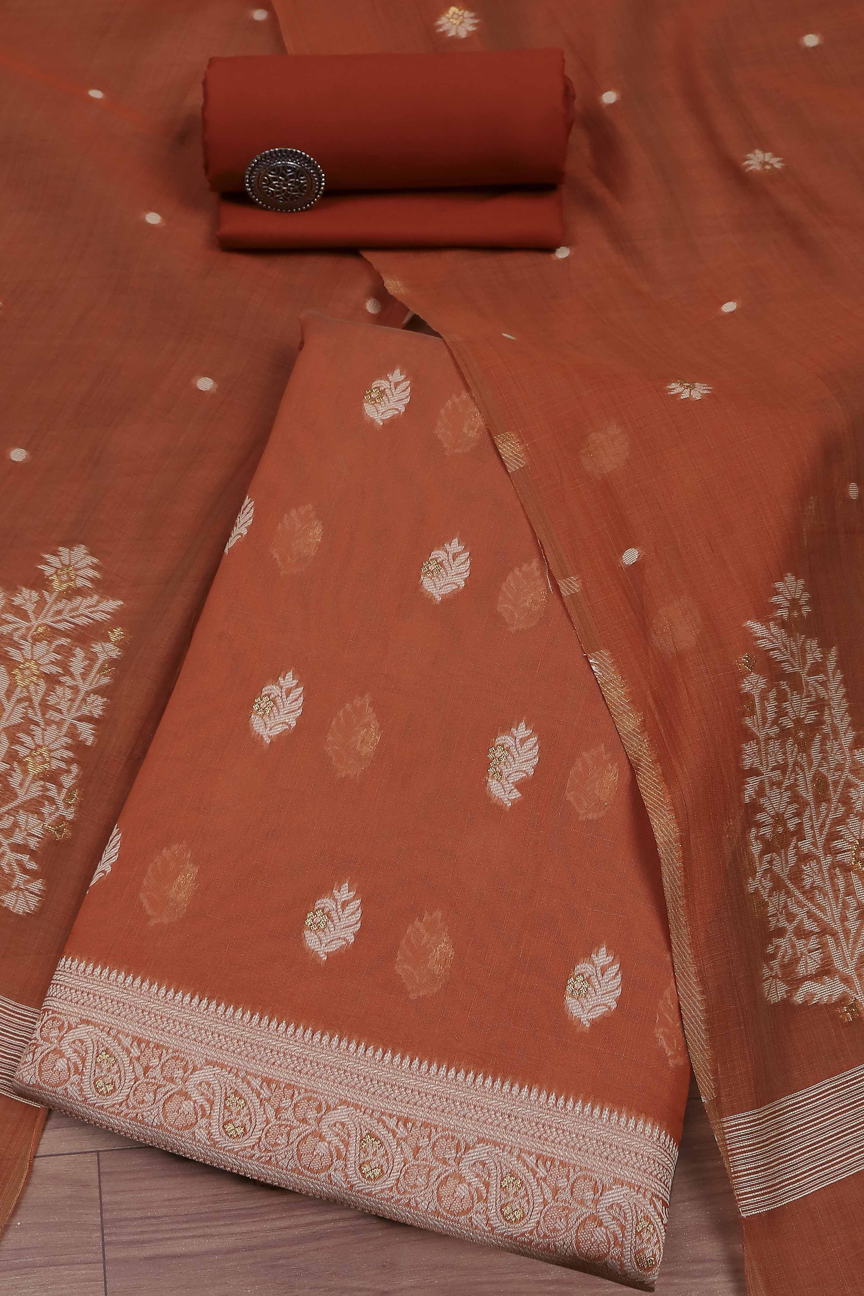 Rust Cotton Jamdani Unstitched Suit Set image number 0