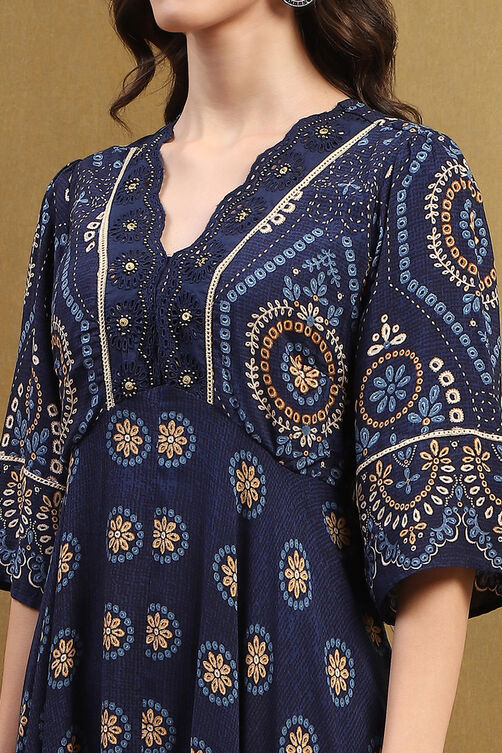 Blue Hand-Blocked Printed Handkerchief Flared Dress image number 1