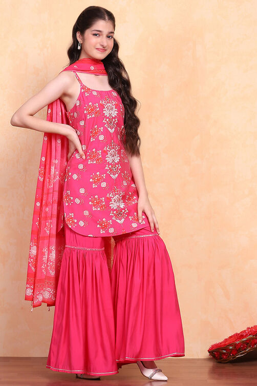 Pink Viscose Blend Sharara Suit Set image number 4