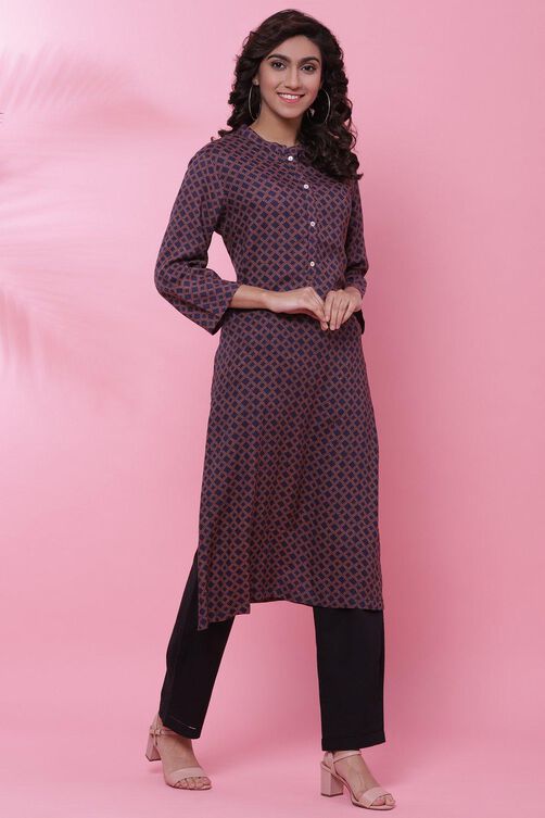 Blue Rayon A-Line Printed Kurta image number 4