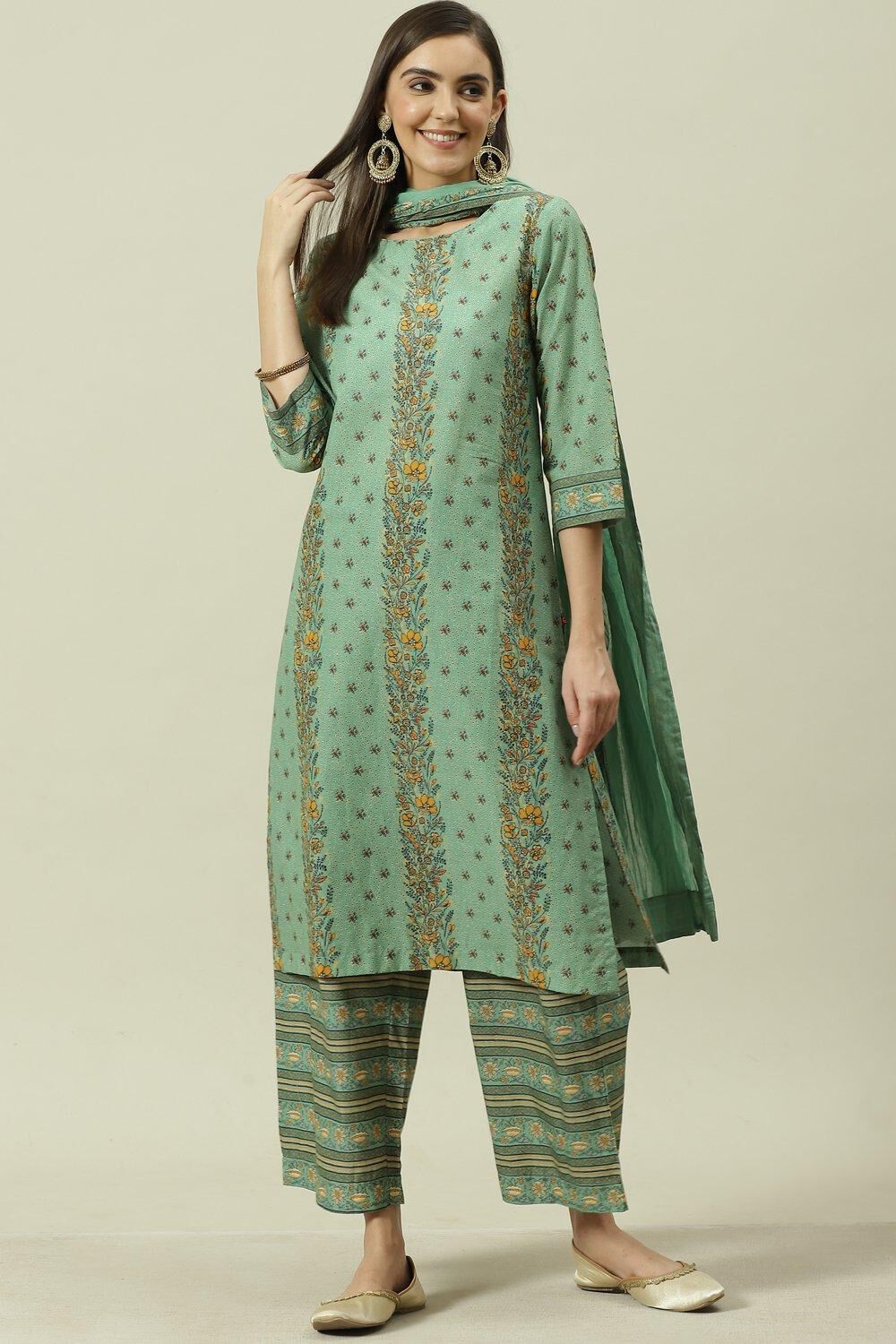 Sage Green Cotton Straight Kurta Palazzo Suit Set image number 7