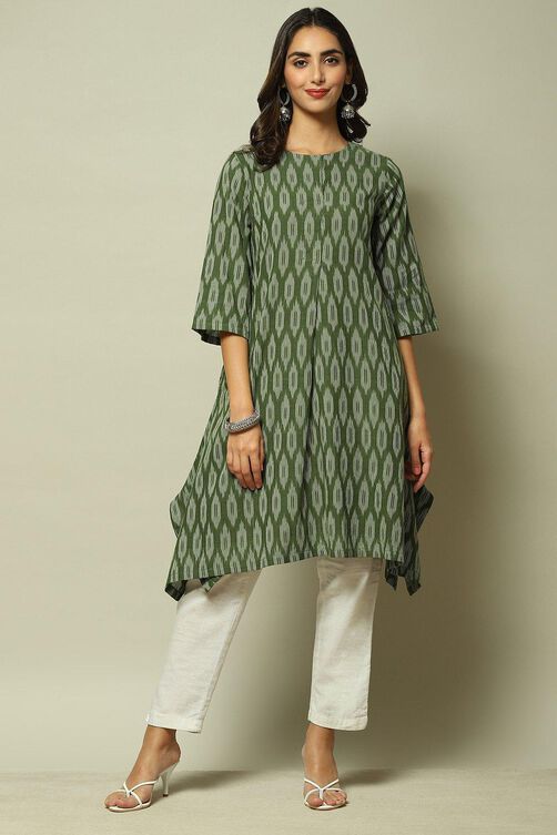 Dark Green Cotton IKAT Straight Yarndyed Kurta image number 5