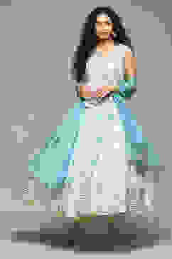 Off White Linen Anarkali Kurta Churidar Suit Set image number 0