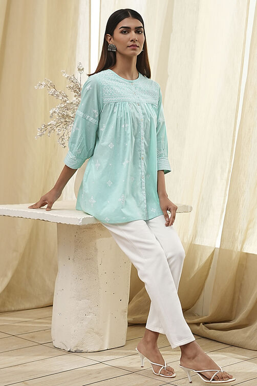 Aqua Cotton Straight Shirt-Style Short Kurta image number 0