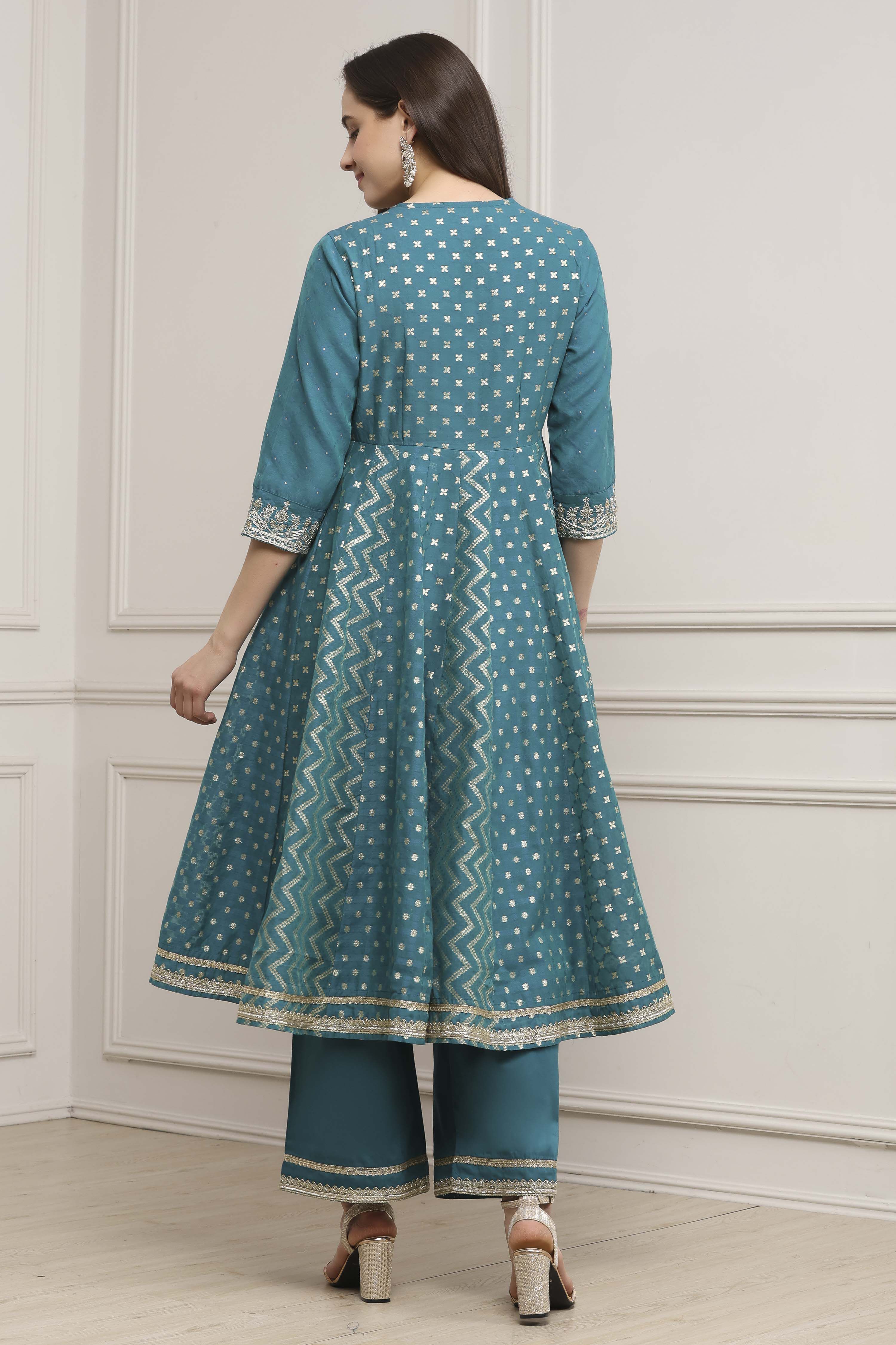 Teal Green Poly Cotton Anarkali Suit Set image number 4