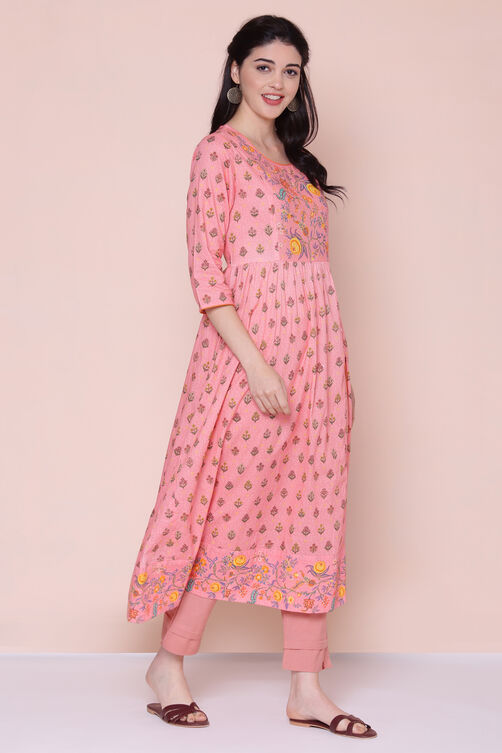 Pink Cotton High Slit Printed Kurta image number 3