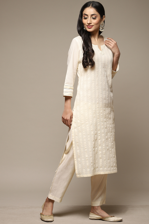 Off White Cotton Straight Kurta image number 3