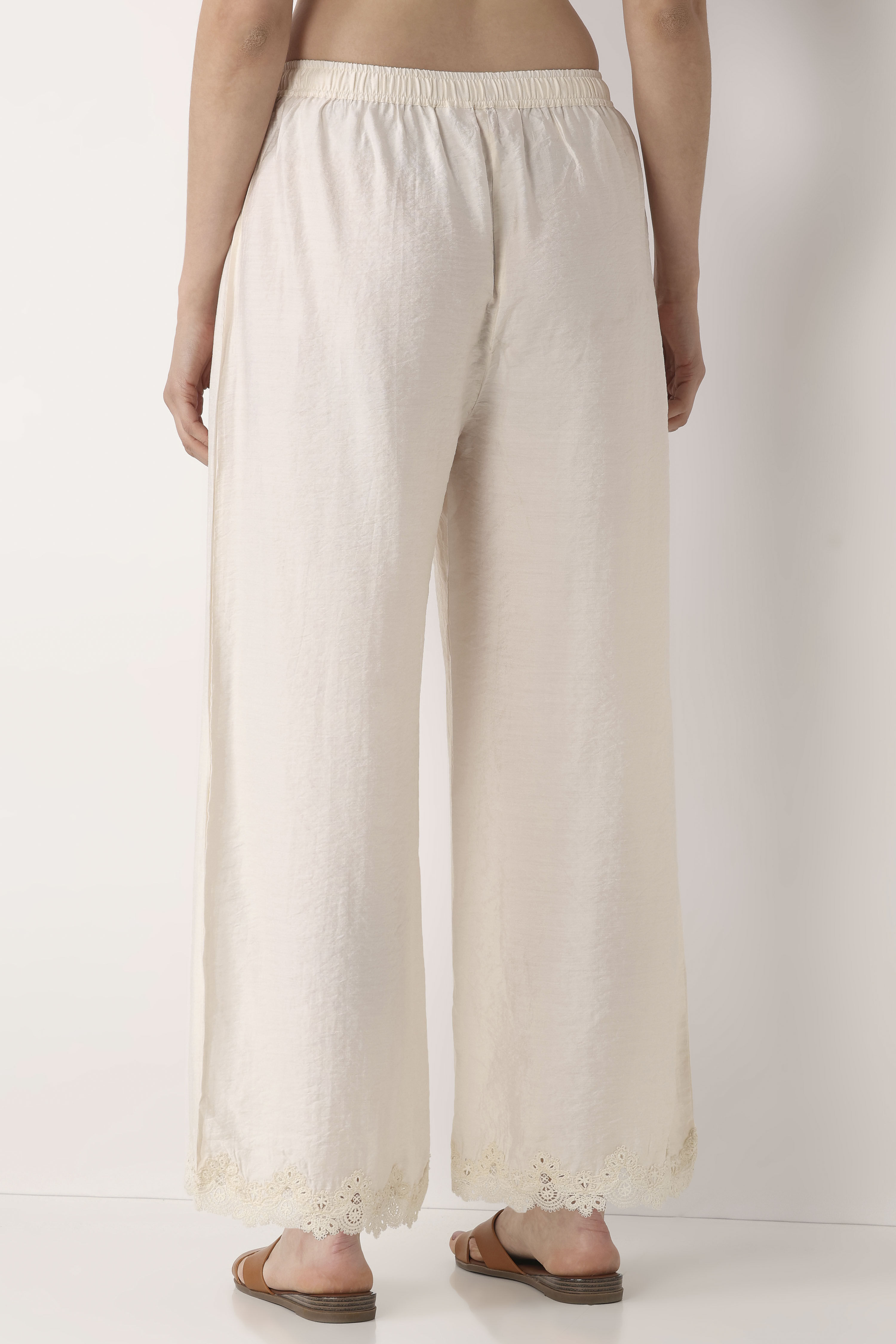 Off White Viscose Blend Straight Palazzos image number 5