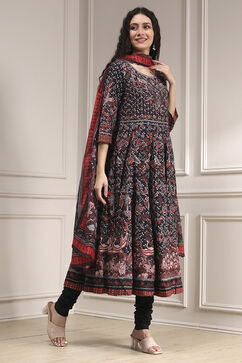 Black Cotton Fitted Anarkali Suit Set image number 5