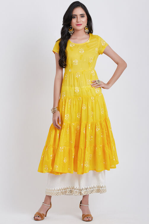 Red Cotton Flared Printed Kurta image number 2