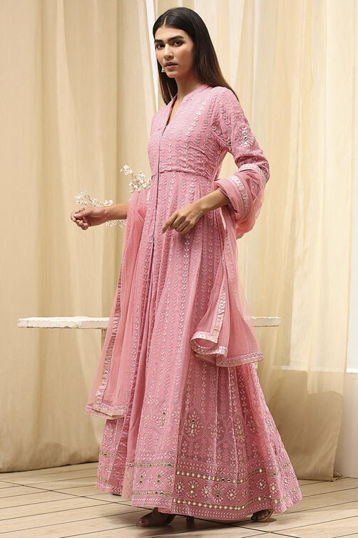 Powder Pink Viscose Front Open Suit Set image number 3