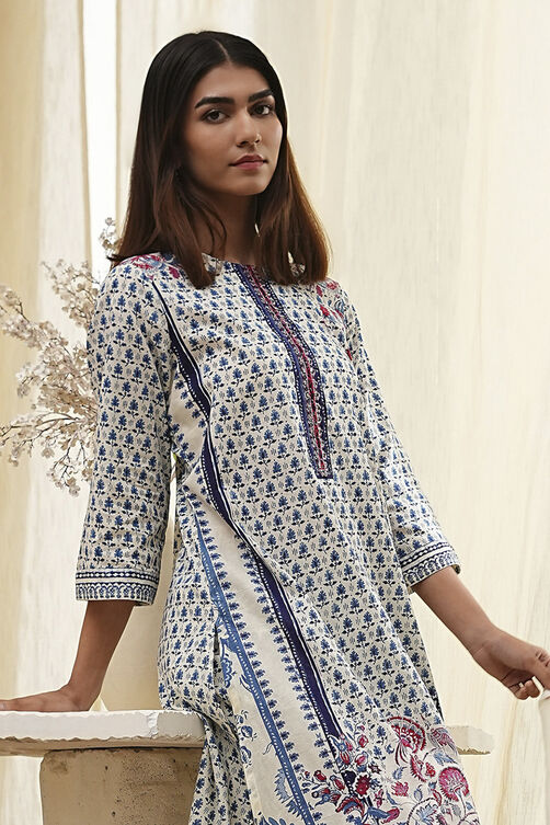 Off-White Cotton Printed Straight Suit Set image number 1
