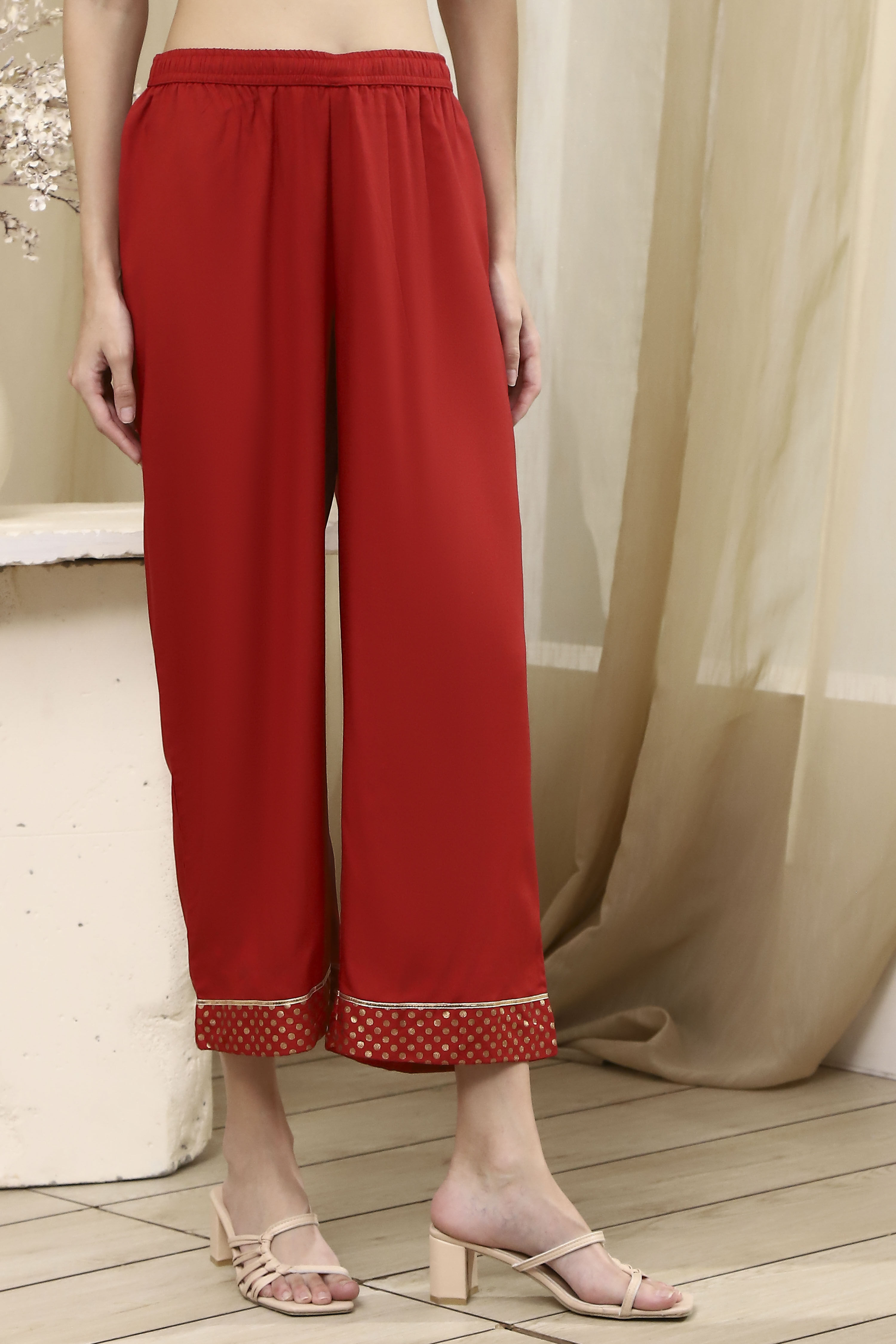 Red Dyed Straight Palazzos image number 4