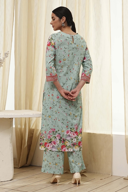 Turquoise Cotton Floral Printed Straight Suit Set image number 4