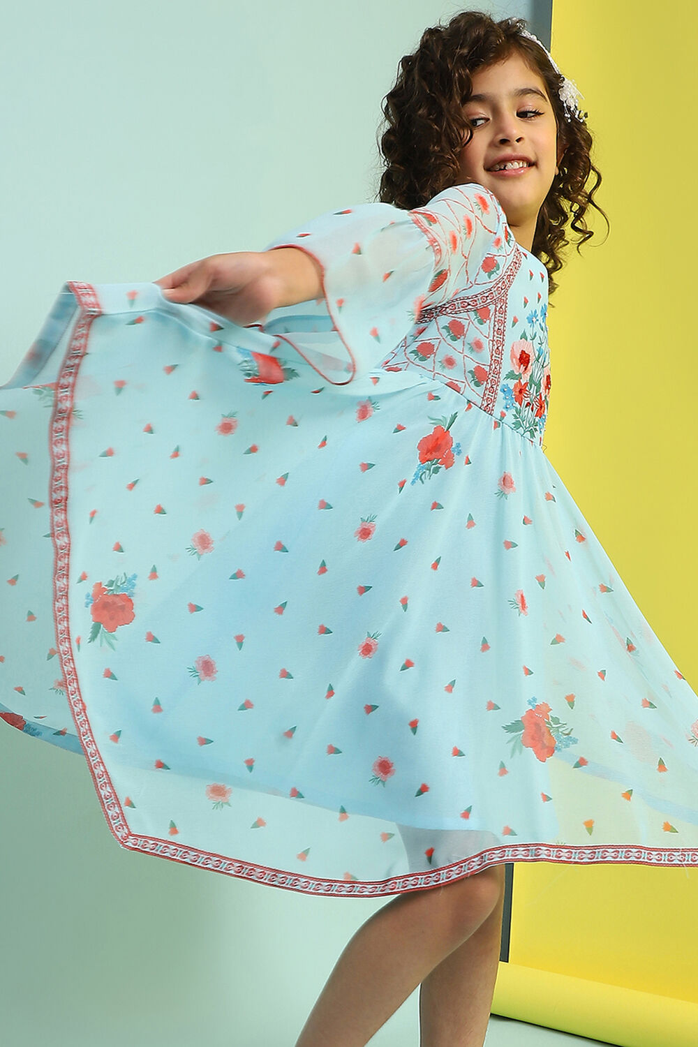 Sky Blue Printed Gathered Asymmetric Dress image number 0