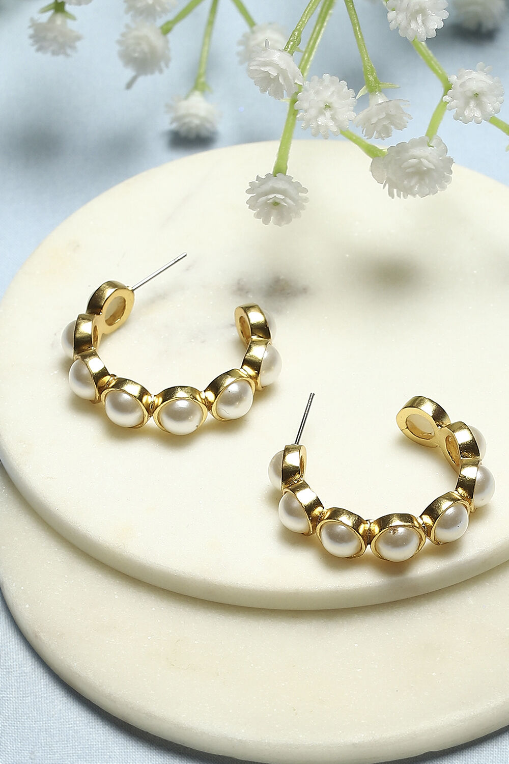 White Gold-Plated Pearl Contemporary Hoops image number 0