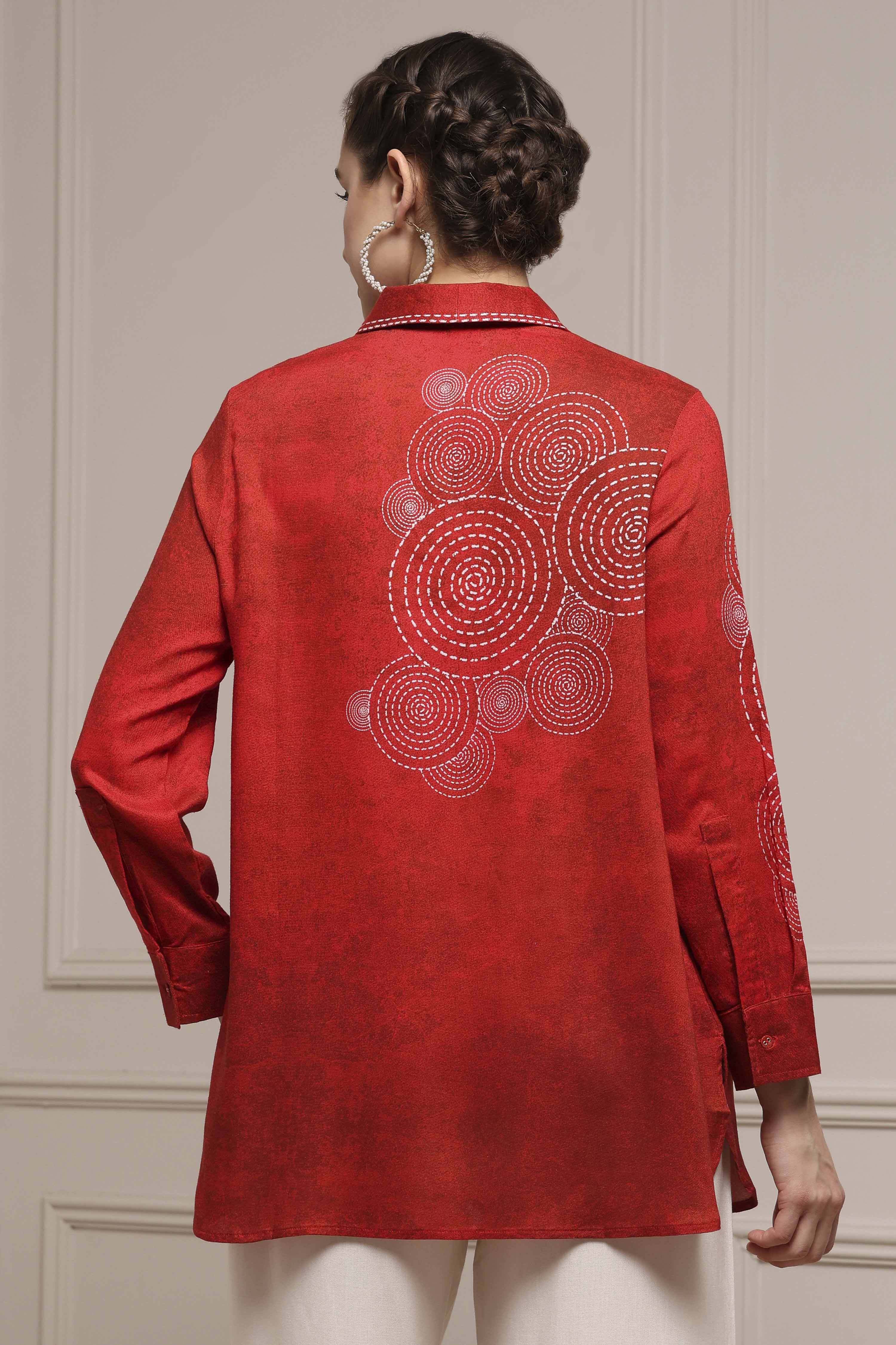 Red Viscose Rayon A-Line Printed Top image number 3