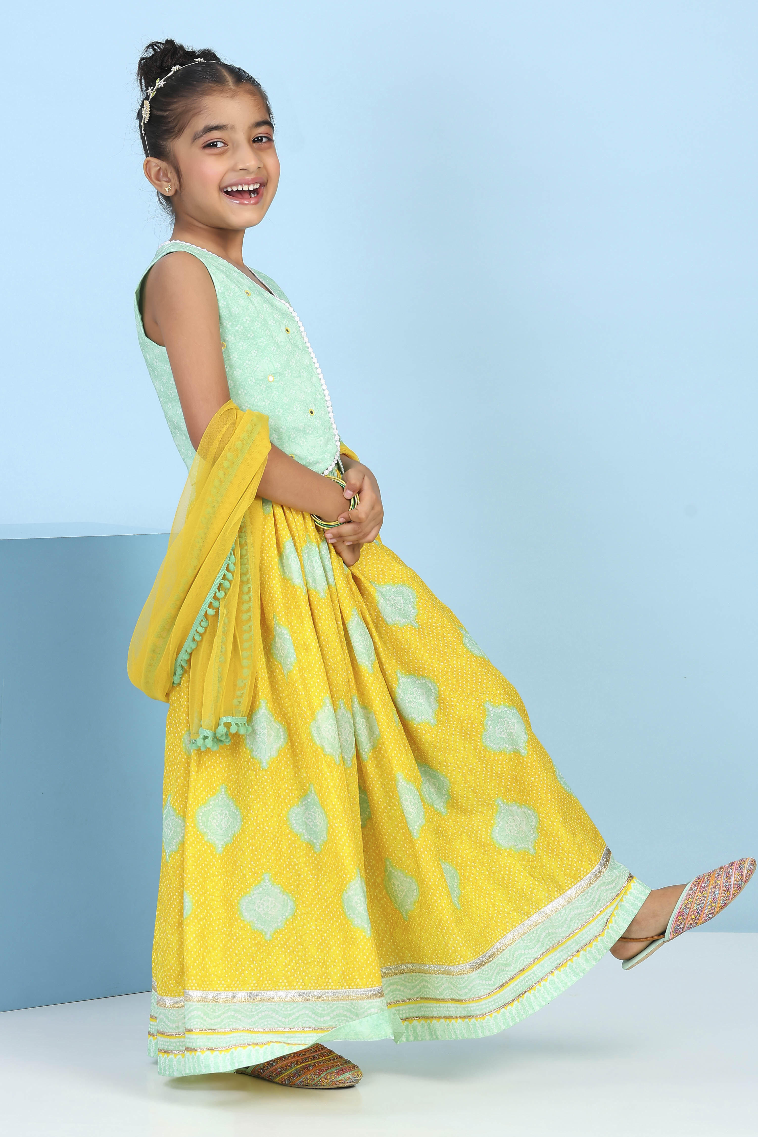 Blue Cotton Printed Straight Lehenga Set image number 4