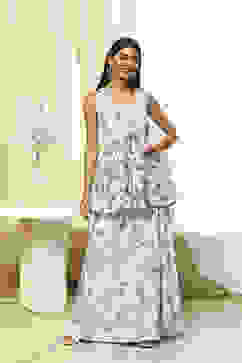 Off-White and Blue Cotton Flared Kurta Set image number 6