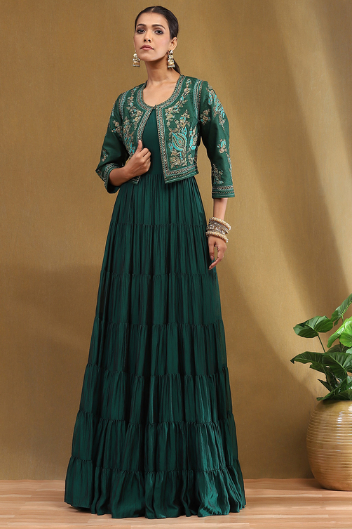 Buy Emerald Green Silk Festive Tiered Anarkali Dress Online at