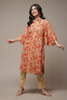 Beige & Red Rayon Straight Printed Kurta