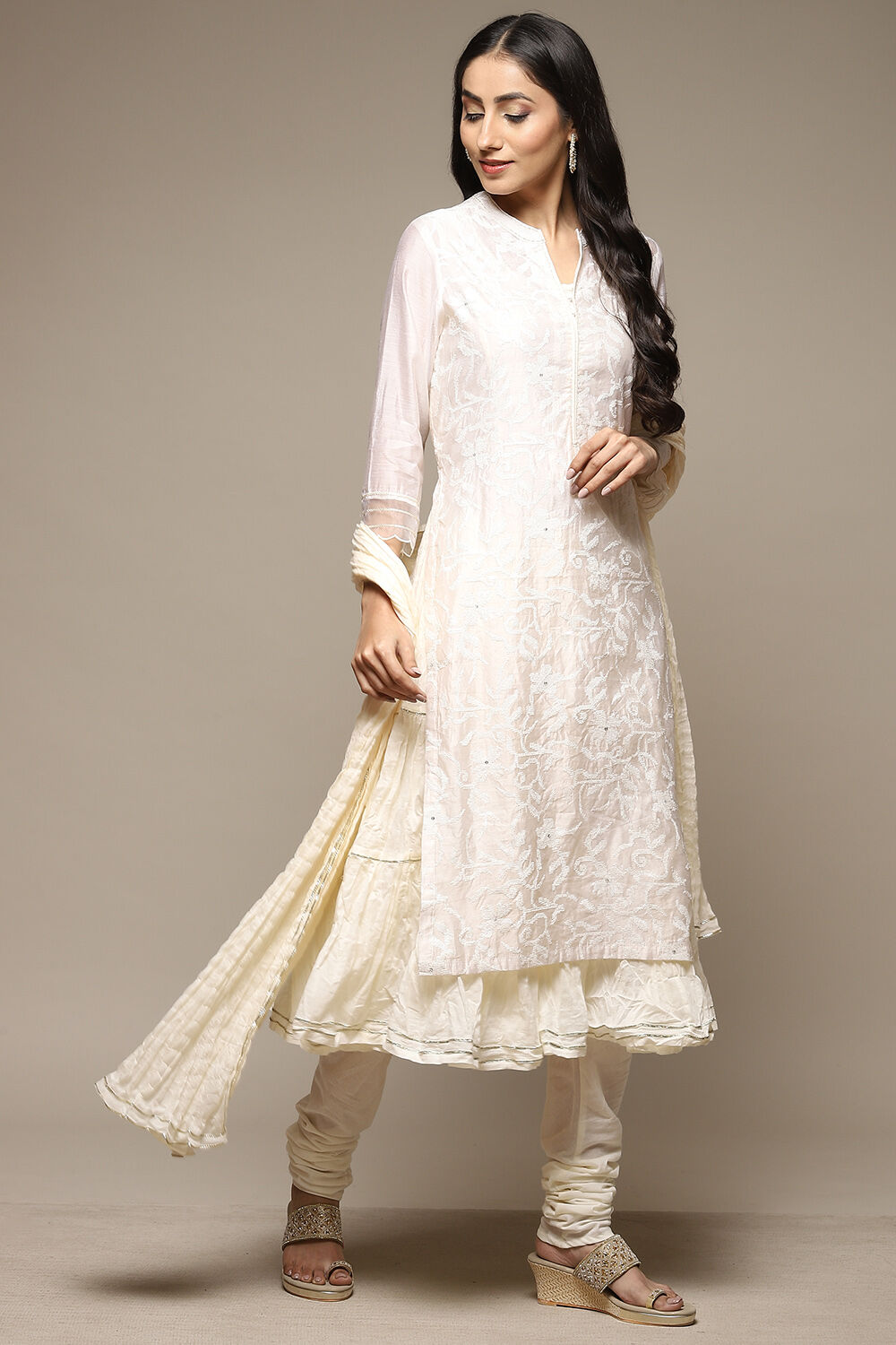 Off White Cotton Blend Layered Kurta Churidar Suit Set image number 8